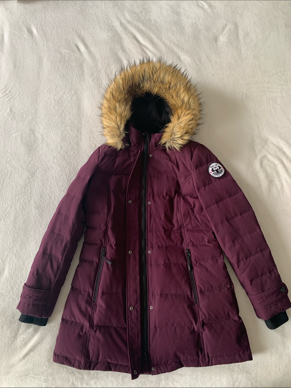 Women's Long Faux-Fur Hooded Puffer Coat in Burgundy